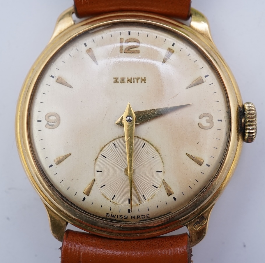 A gentleman's 1950's 18ct gold Zenith manual wind wrist watch